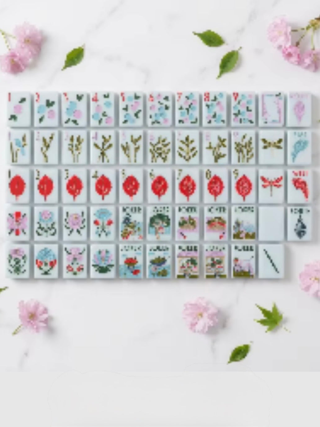 White and green, leaves and plants Mahjong tiles set
