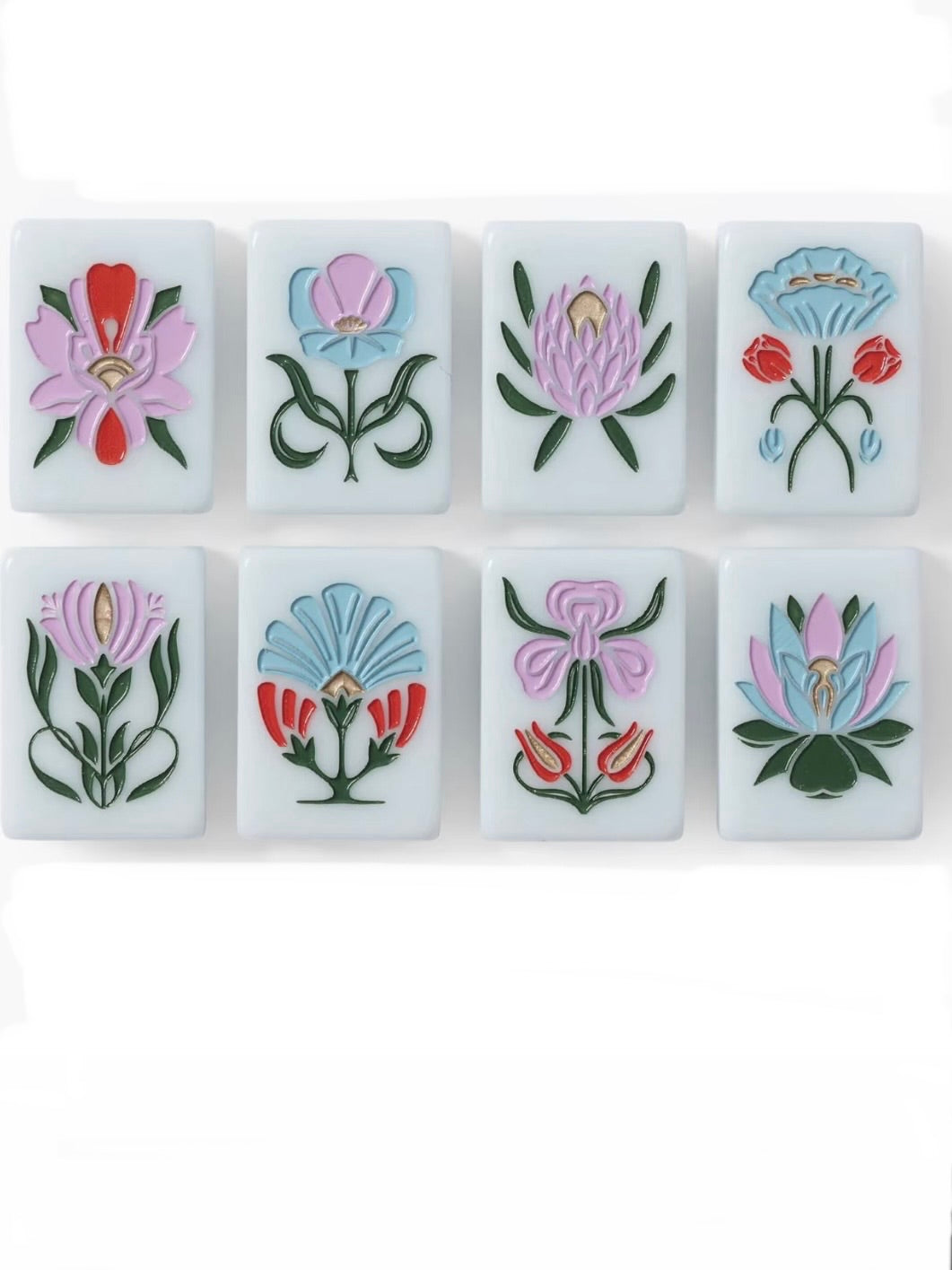 White and green, leaves and plants Mahjong tiles set