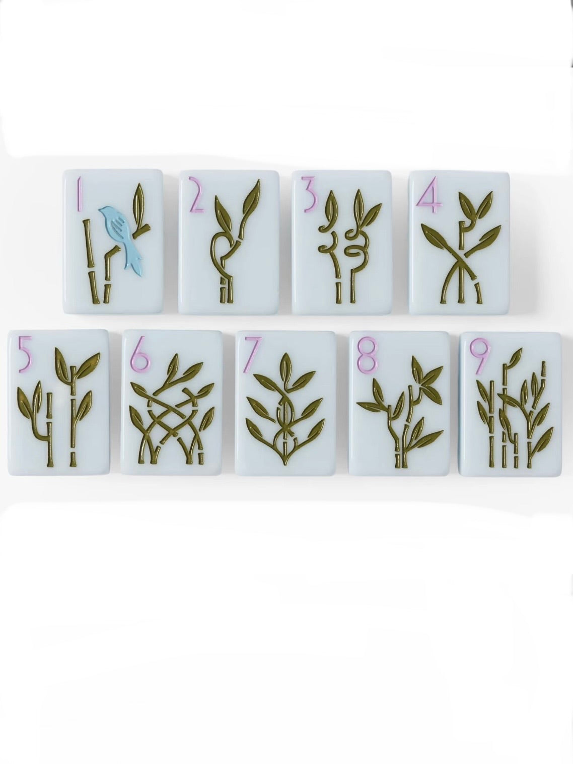 White and green, leaves and plants Mahjong tiles set