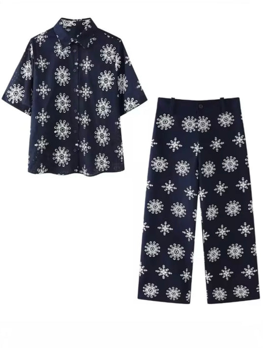 Navy blue and white flowers fabric set of 2 shirt and pants