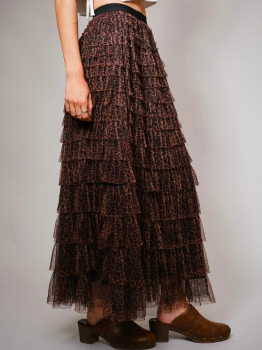 Brown layered ruffled tulle skirt