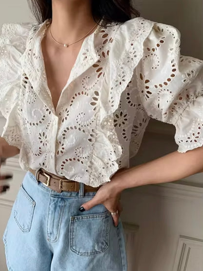 Beige ruffles lace shirt