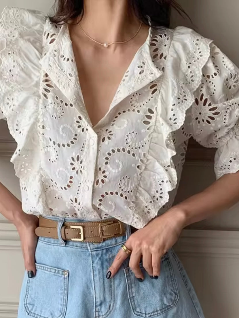 Beige ruffles lace shirt