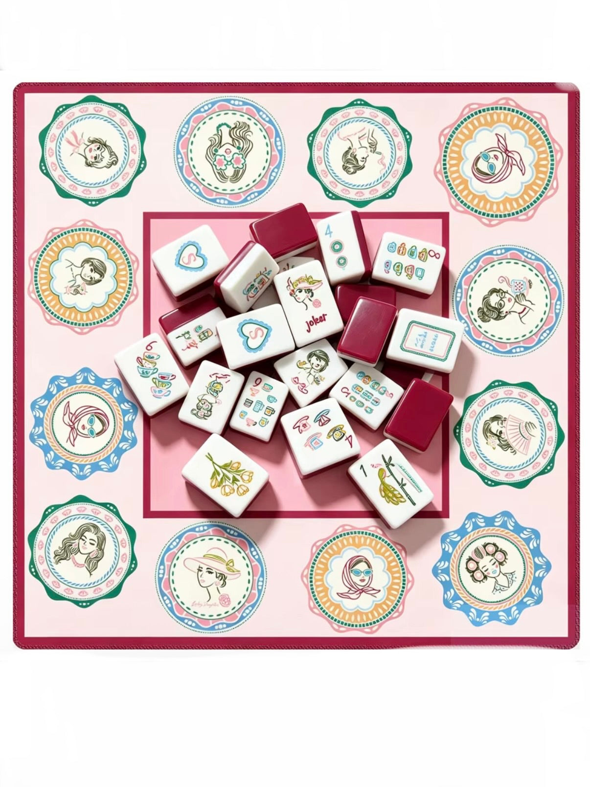 Cup of Tea, Women Roses, burgundy back Mahjong tiles set and mat