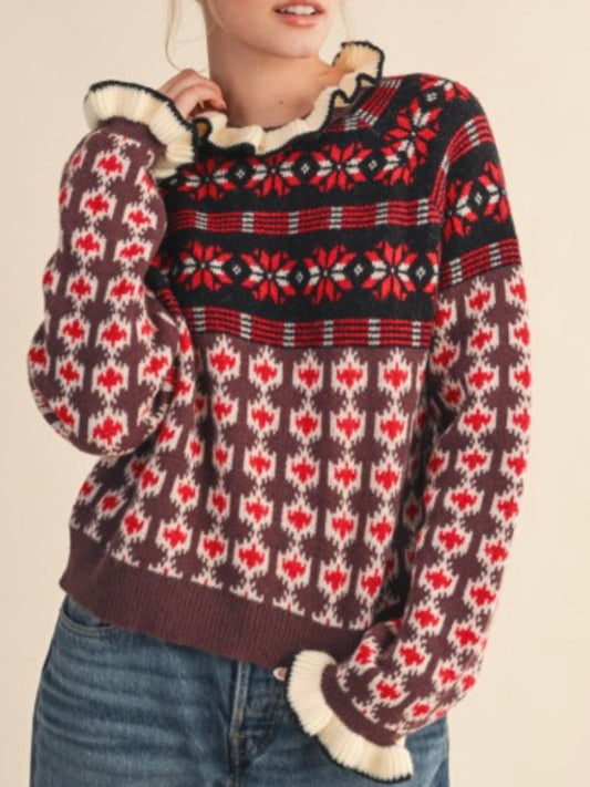 Brown, red and pink knitted ruffle mock neck sweater