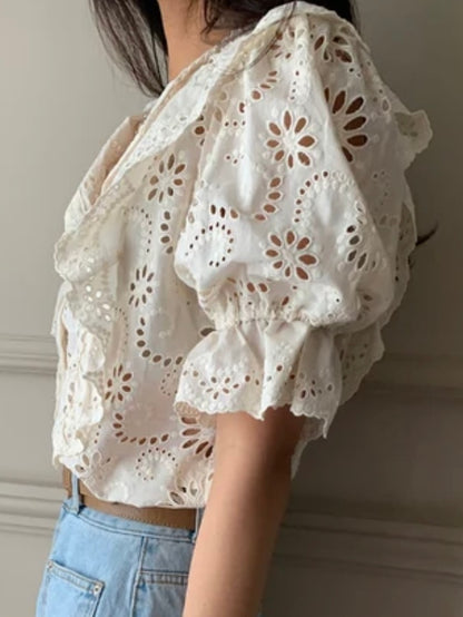 Beige ruffles lace shirt