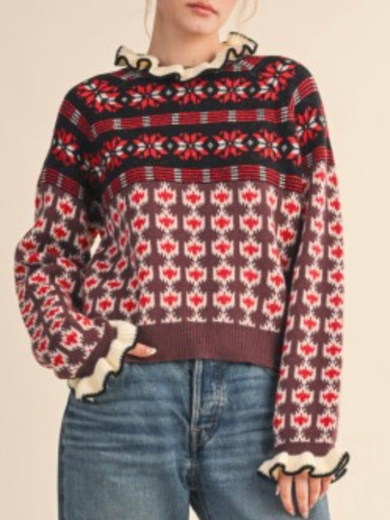 Brown, red and pink knitted ruffle mock neck sweater