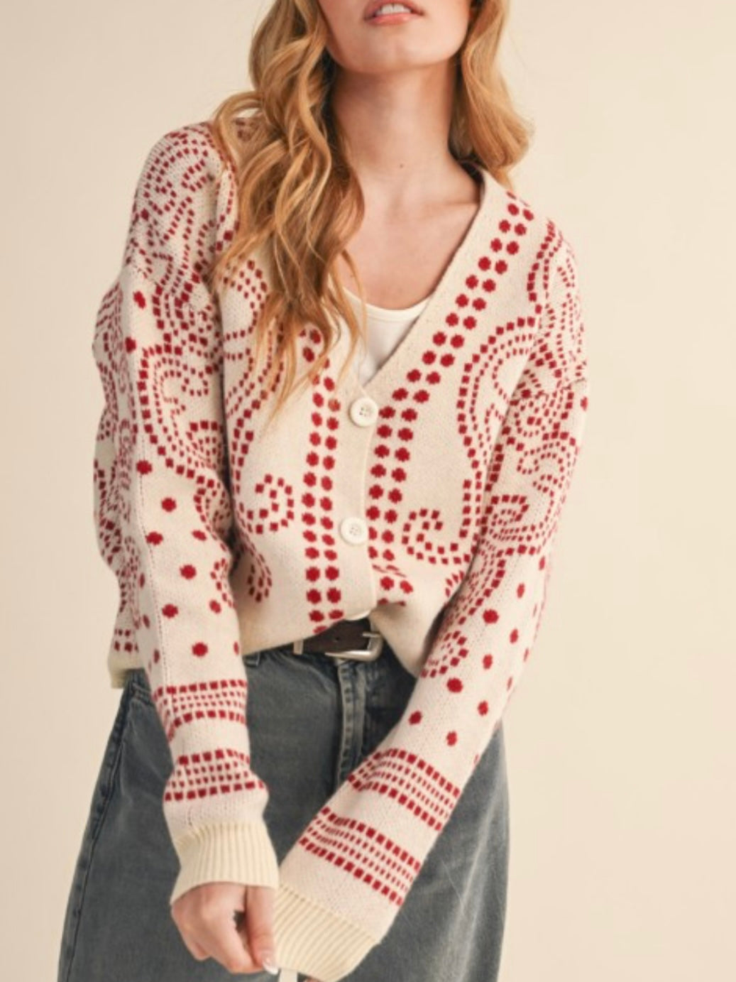 Beige and red cardigan knitted sweater