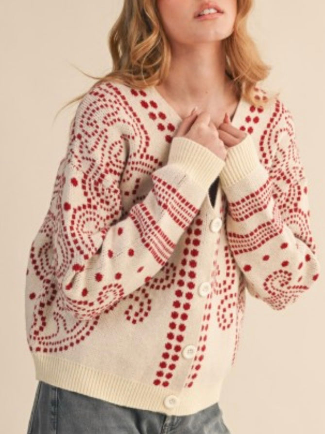 Beige and red cardigan knitted sweater