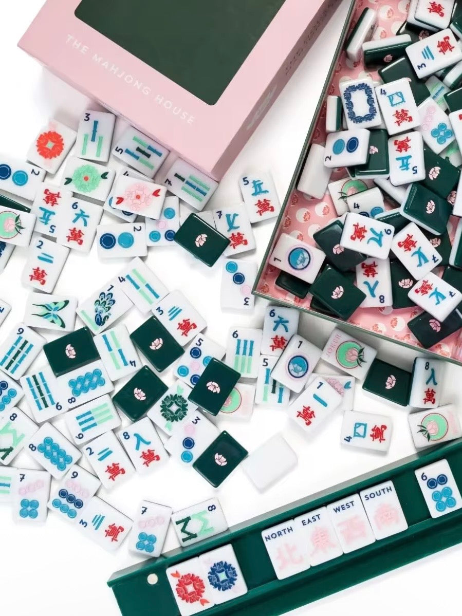 White Chinese signs, and dark green back Mahjong tiles set