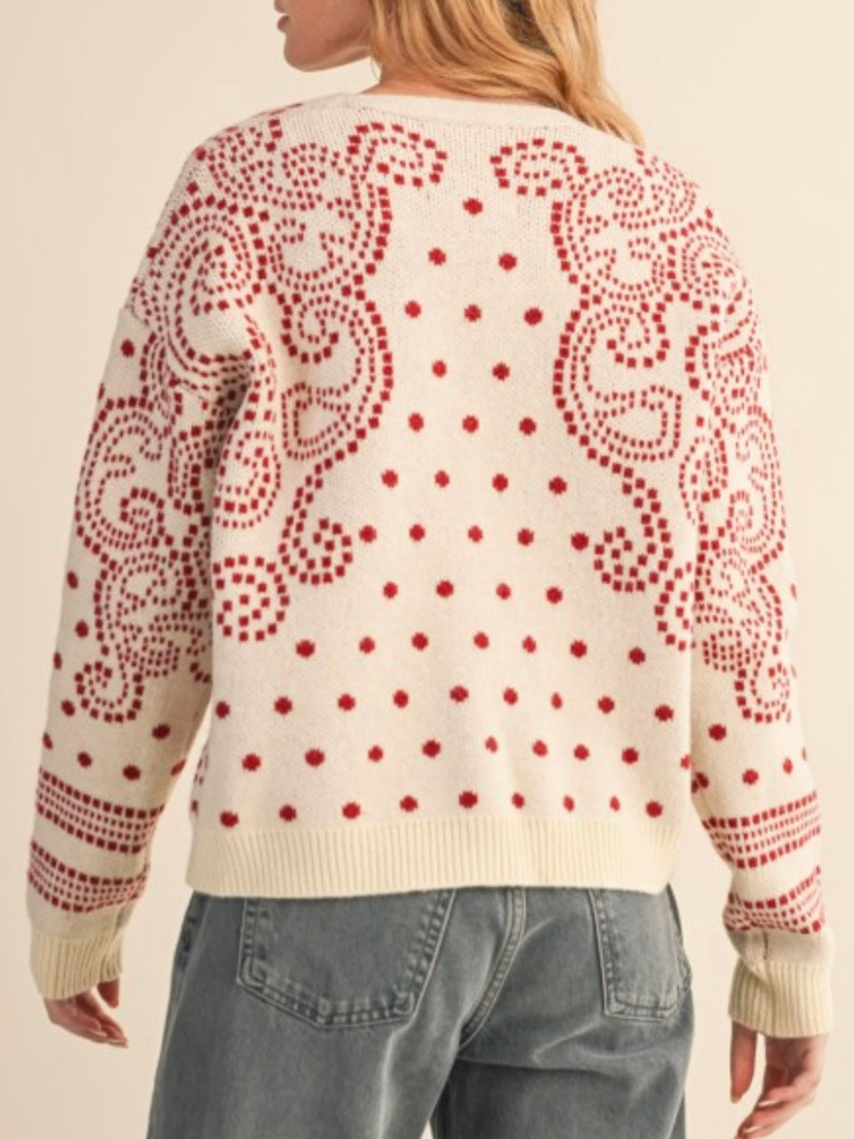 Beige and red cardigan knitted sweater