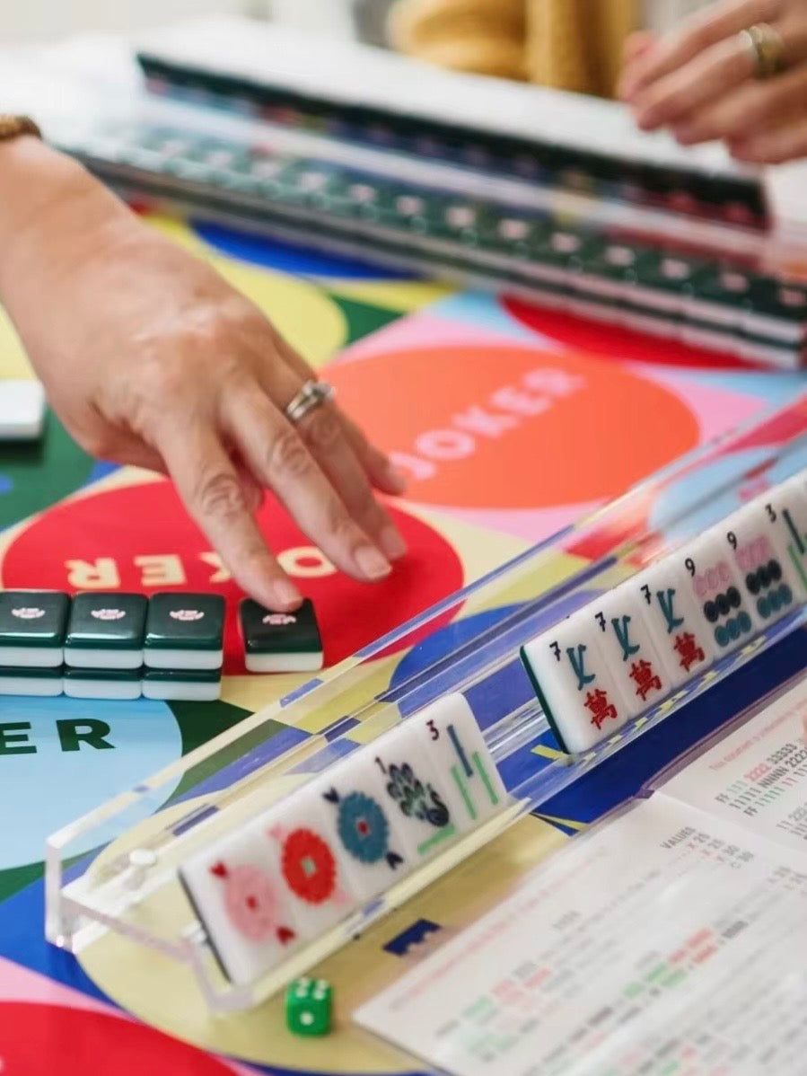 White Chinese signs, and dark green back Mahjong tiles set
