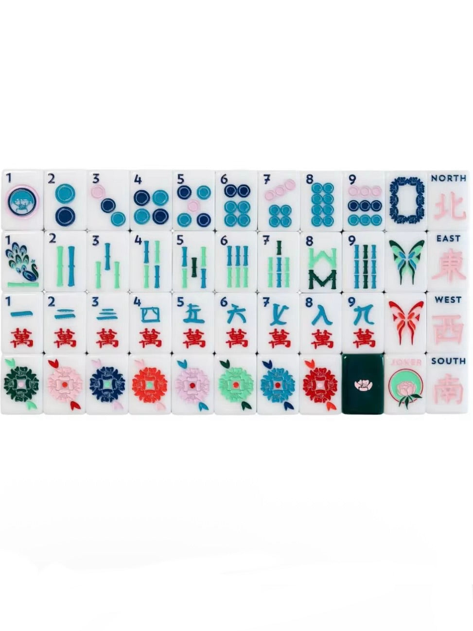 White Chinese signs, and dark green back Mahjong tiles set