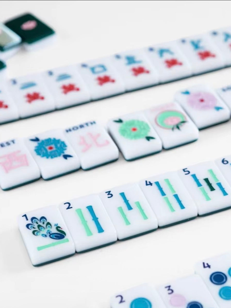 White Chinese signs, and dark green back Mahjong tiles set