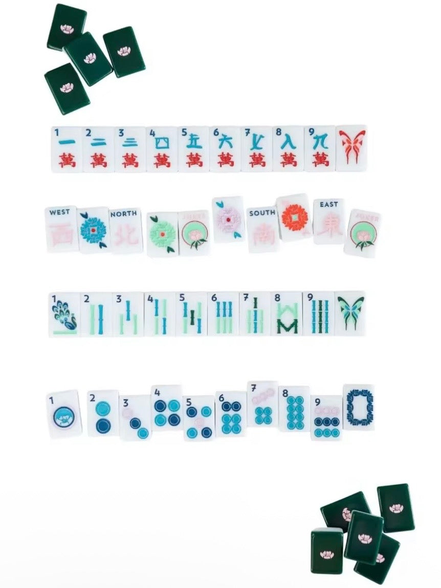 White Chinese signs, and dark green back Mahjong tiles set
