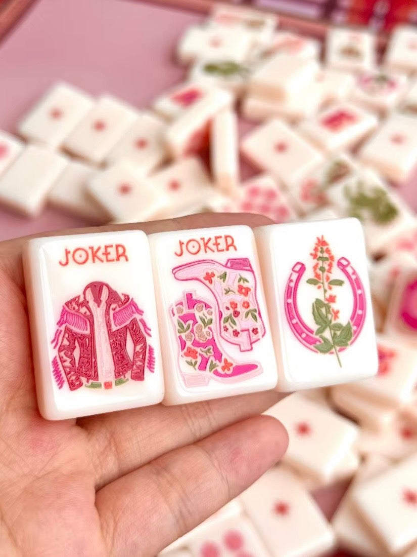White and pink Cowgirl western, joker Mahjong tiles set and mat