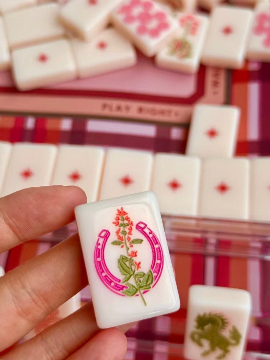 White and pink Cowgirl western, joker Mahjong tiles set and mat