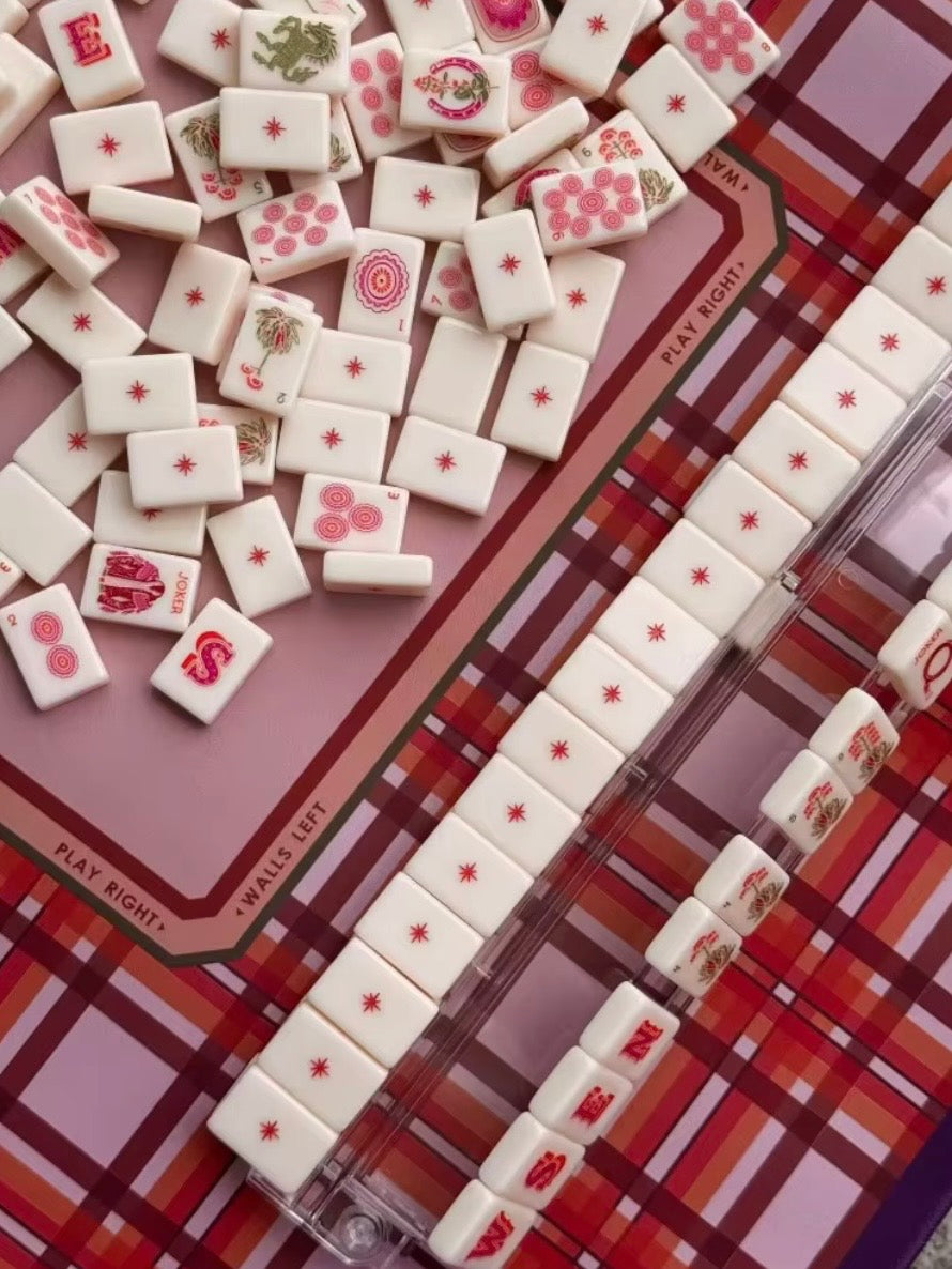 White and pink Cowgirl western, joker Mahjong tiles set and mat