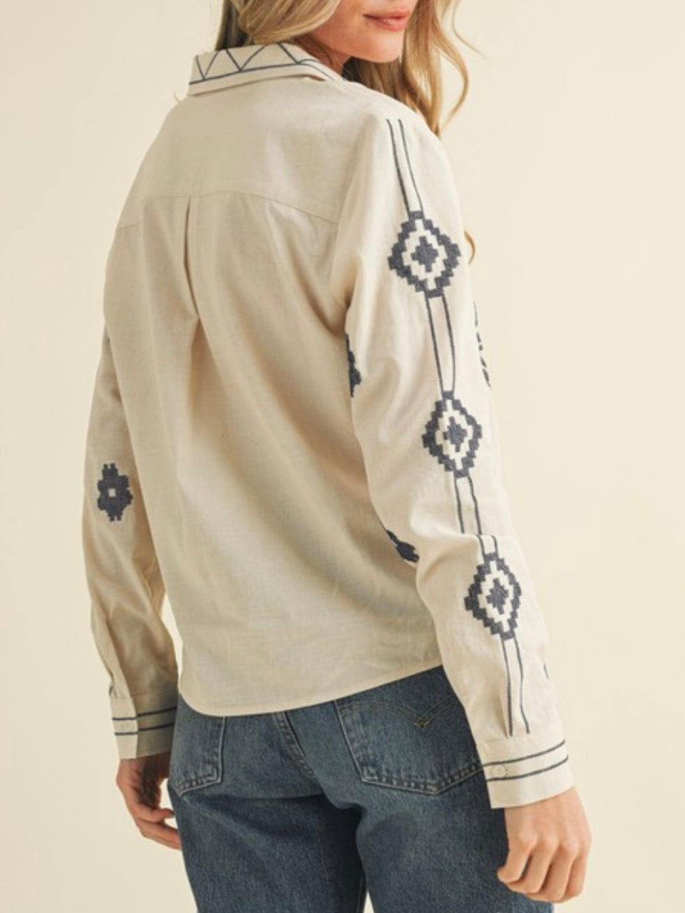 Off white and navy blue floral embroidered shirt