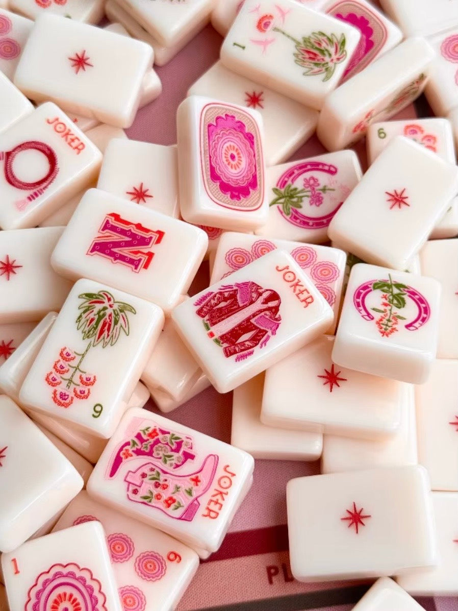White and pink Cowgirl western, joker Mahjong tiles set and mat