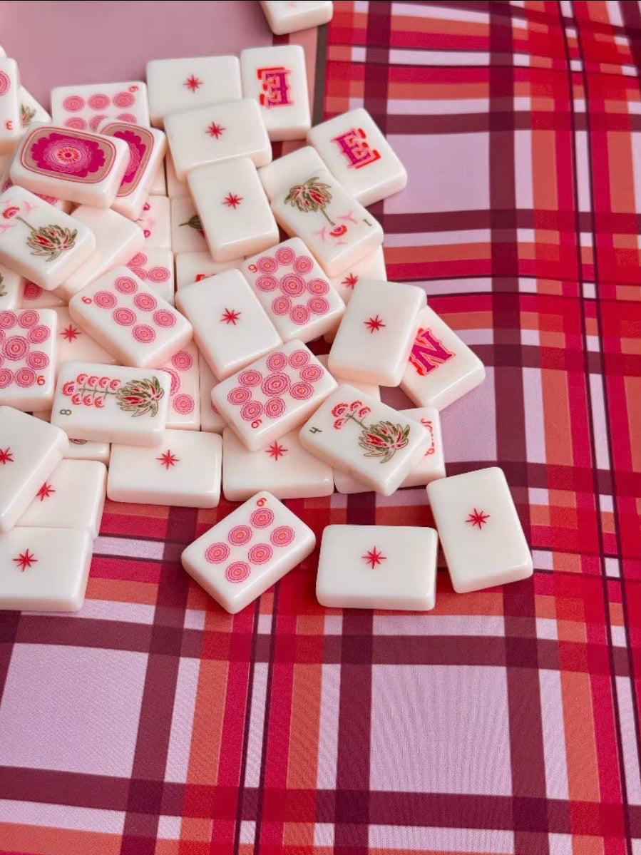 White and pink Cowgirl western, joker Mahjong tiles set and mat