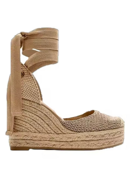 Beige linen waffle fabric espadrilles high heels platform