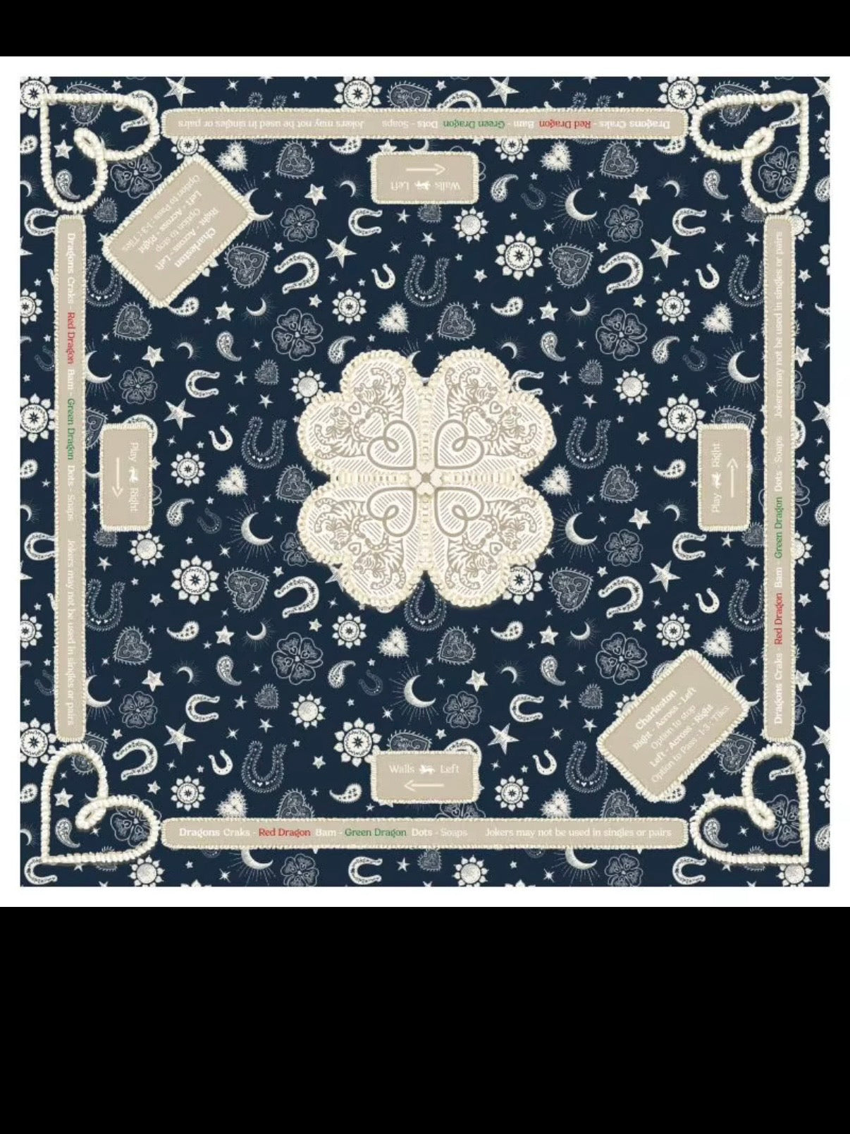Navy blue and off White hearts, horse shoes, moons printed Mahjong mat