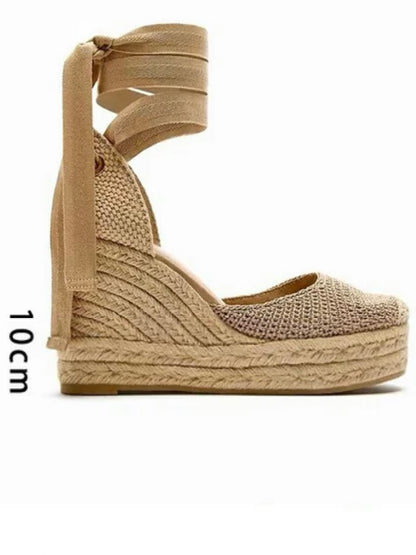 Beige linen waffle fabric espadrilles high heels platform