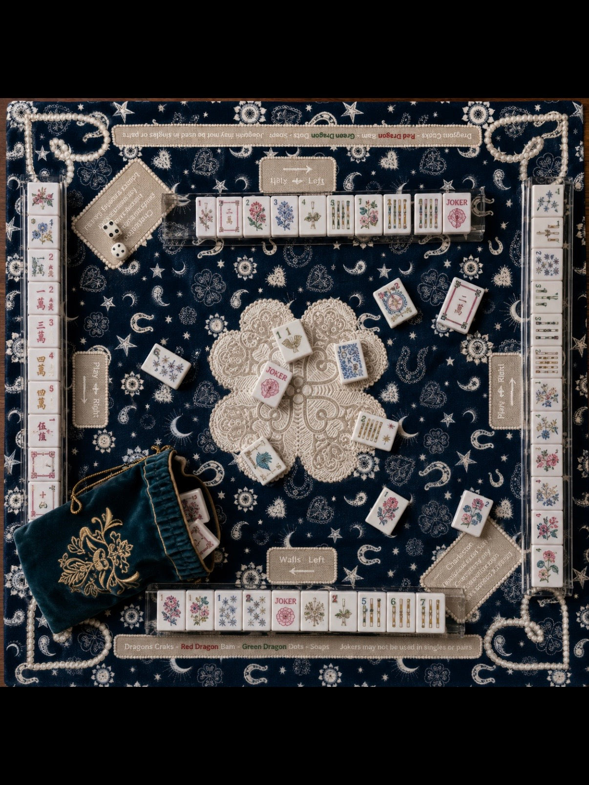 Navy blue and off White hearts, horse shoes, moons printed Mahjong mat