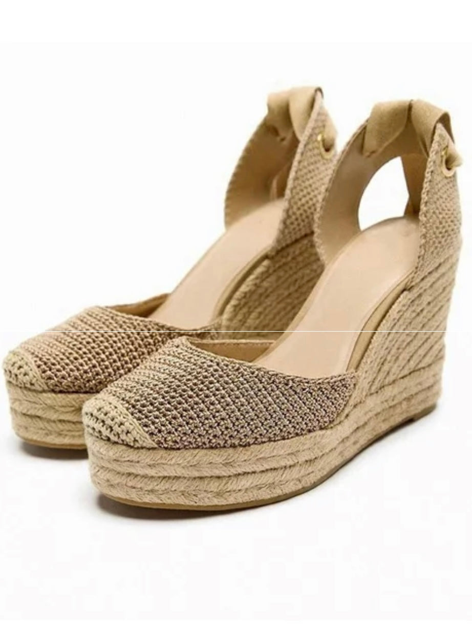 Beige linen waffle fabric espadrilles high heels platform