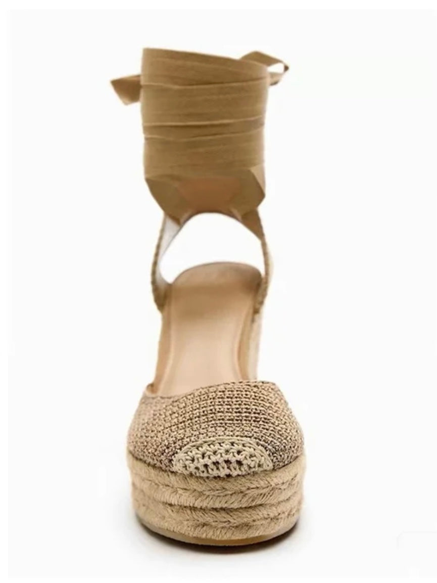 Beige linen waffle fabric espadrilles high heels platform