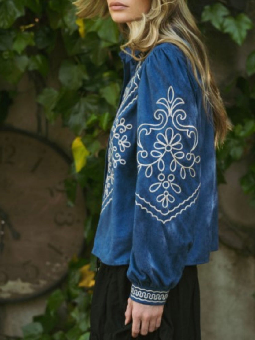 Blue and white embroidered floral shirt