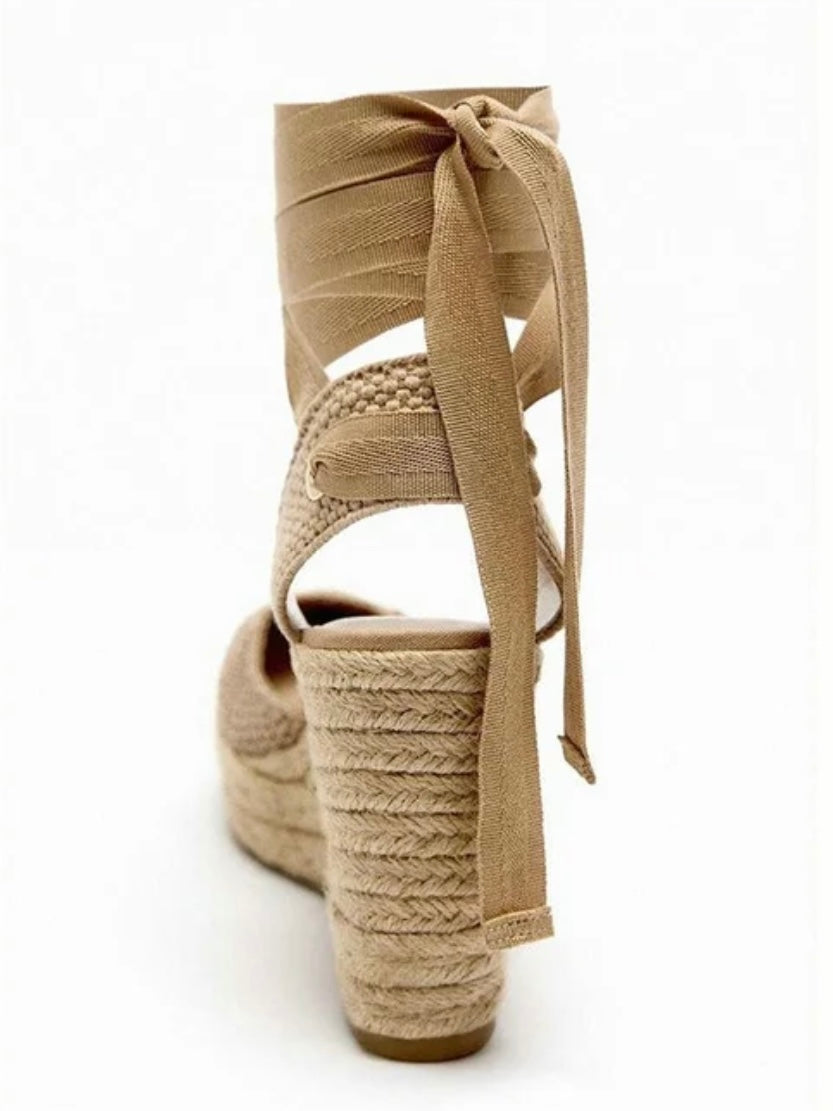 Beige linen waffle fabric espadrilles high heels platform