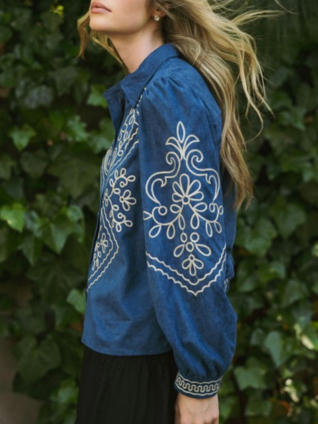 Blue and white embroidered floral shirt