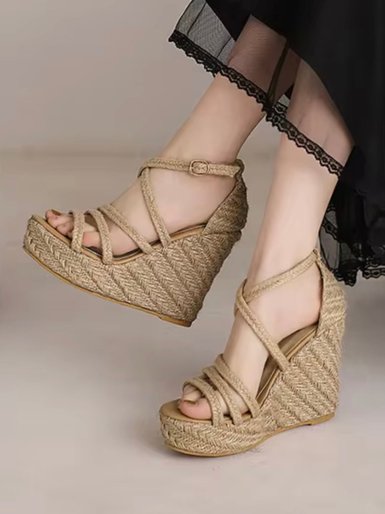 Beige wedge high heels slip-on sandals