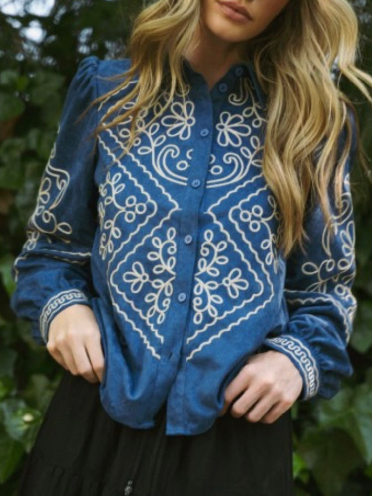 Blue and white embroidered floral shirt