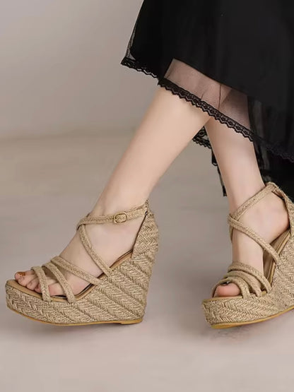 Beige wedge high heels slip-on sandals