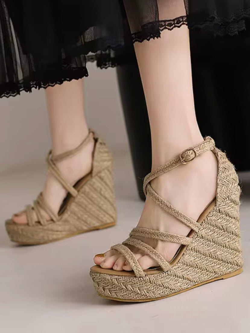 Beige wedge high heels slip-on sandals