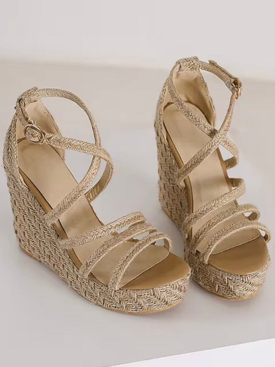 Beige wedge high heels slip-on sandals