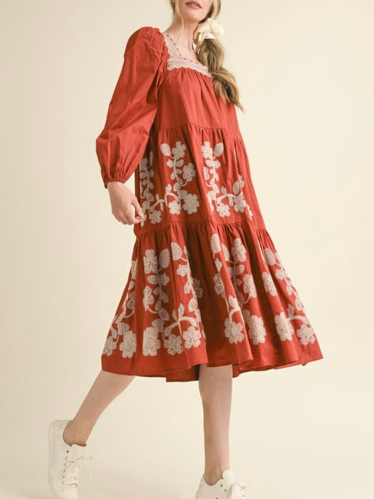 Burgundy and white floral embroidered midi dress