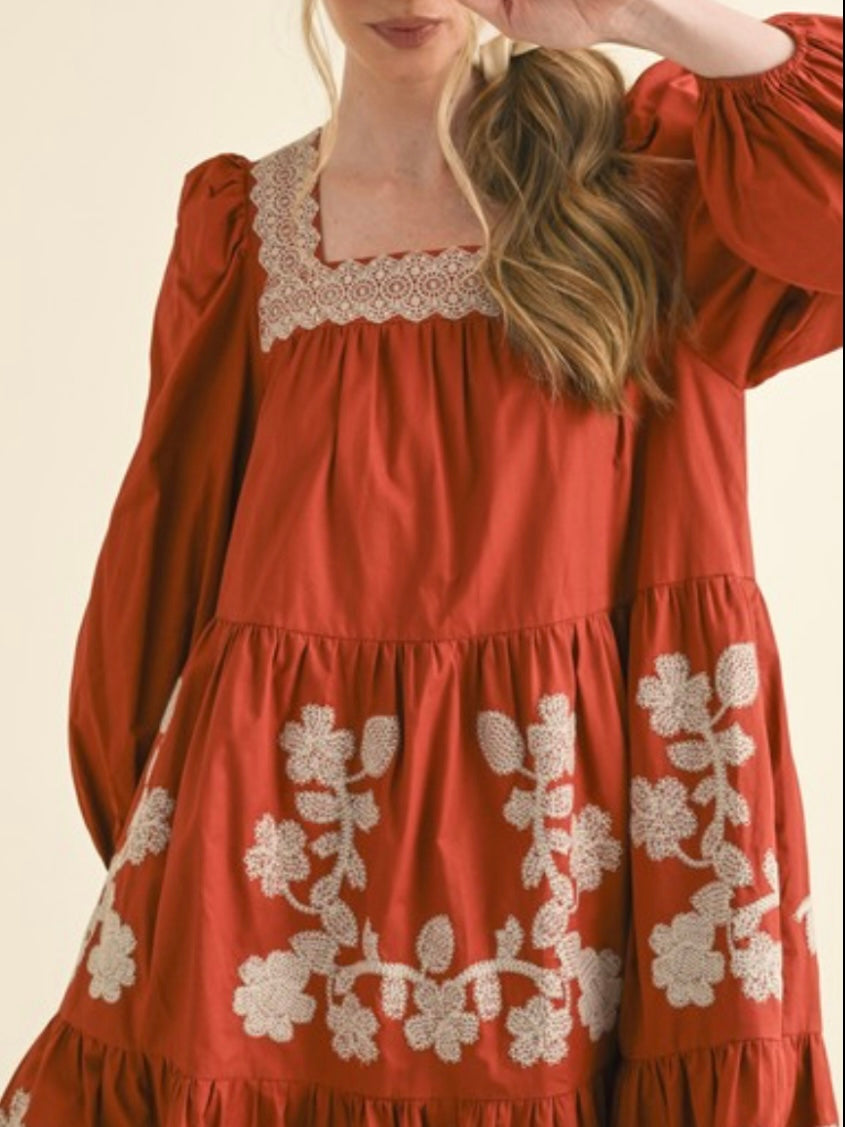 Burgundy and white floral embroidered midi dress