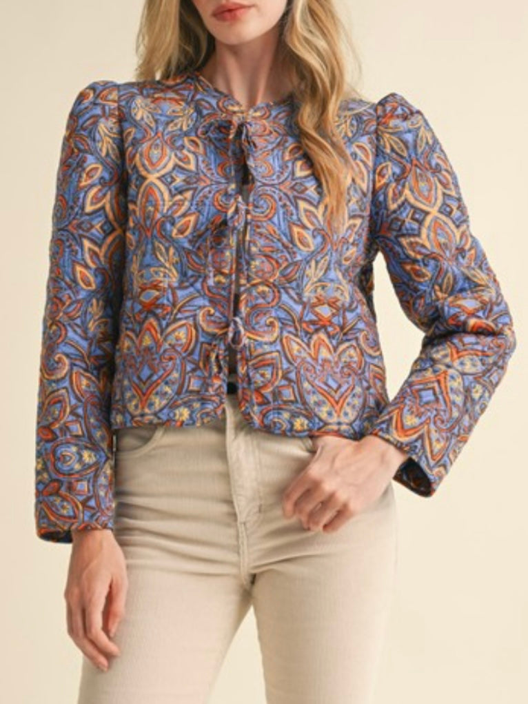 Quilted Print Jacket With Bow Tie Front
