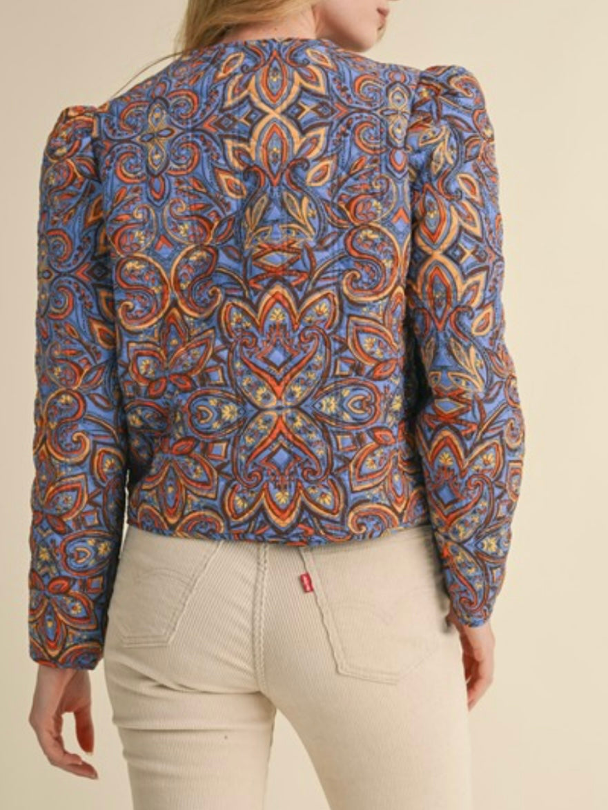 Quilted Print Jacket With Bow Tie Front