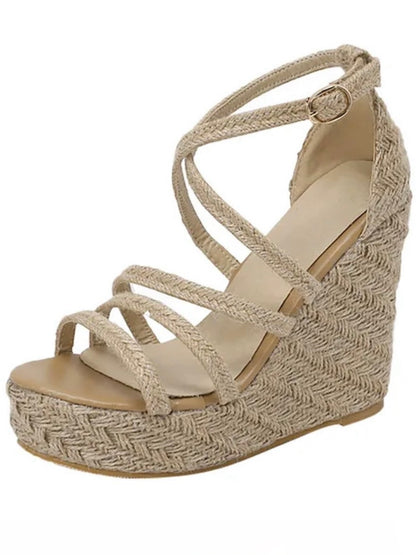 Beige wedge high heels slip-on sandals