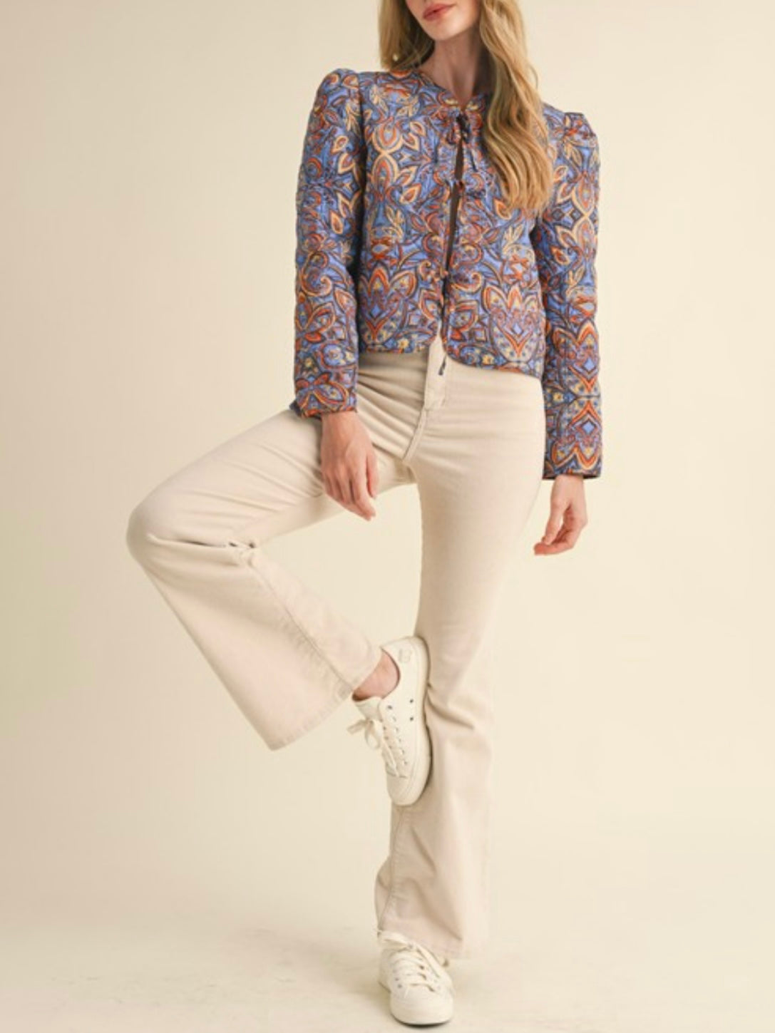 Quilted Print Jacket With Bow Tie Front