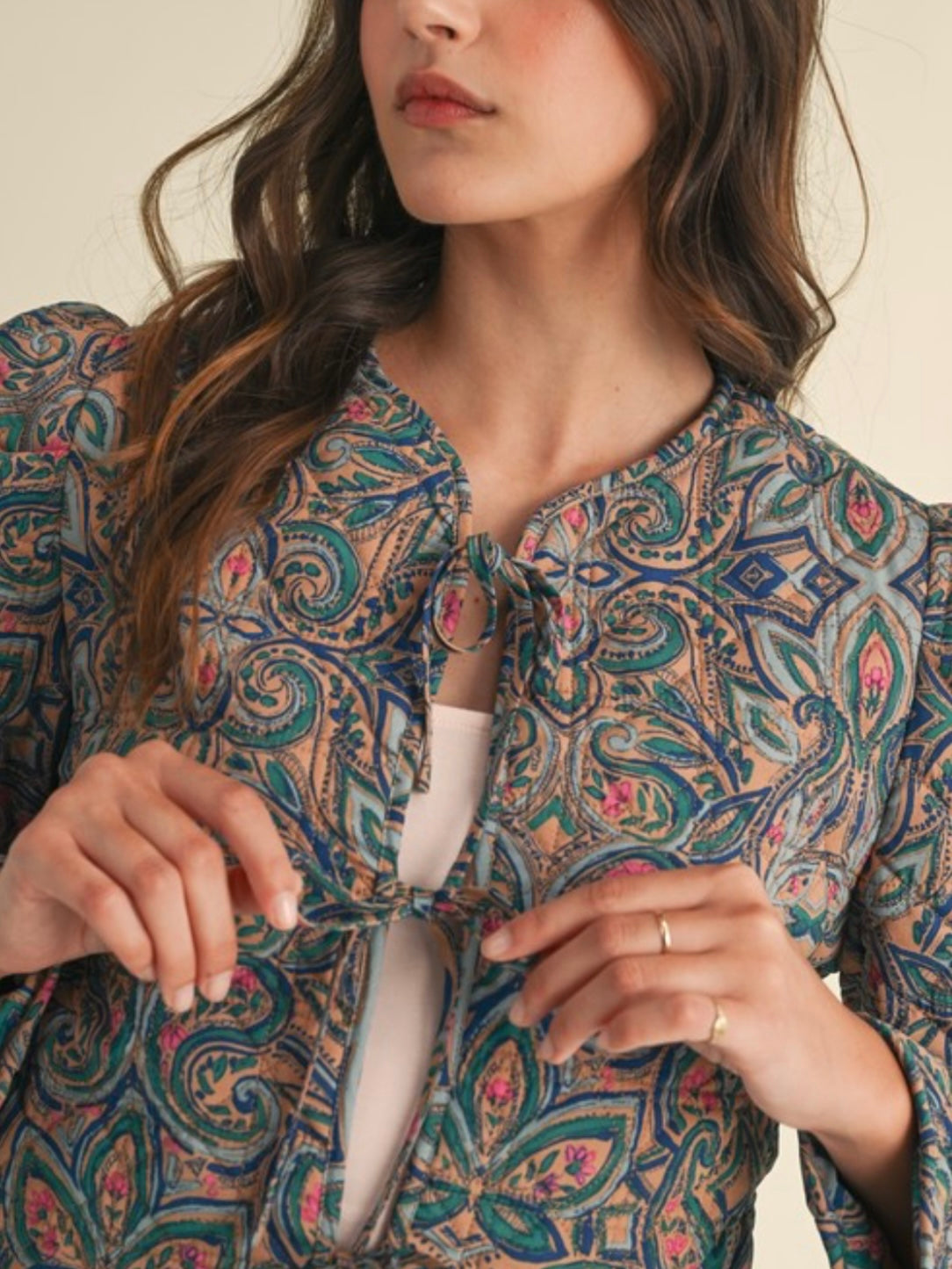 Quilted Print Jacket With Bow Tie Front
