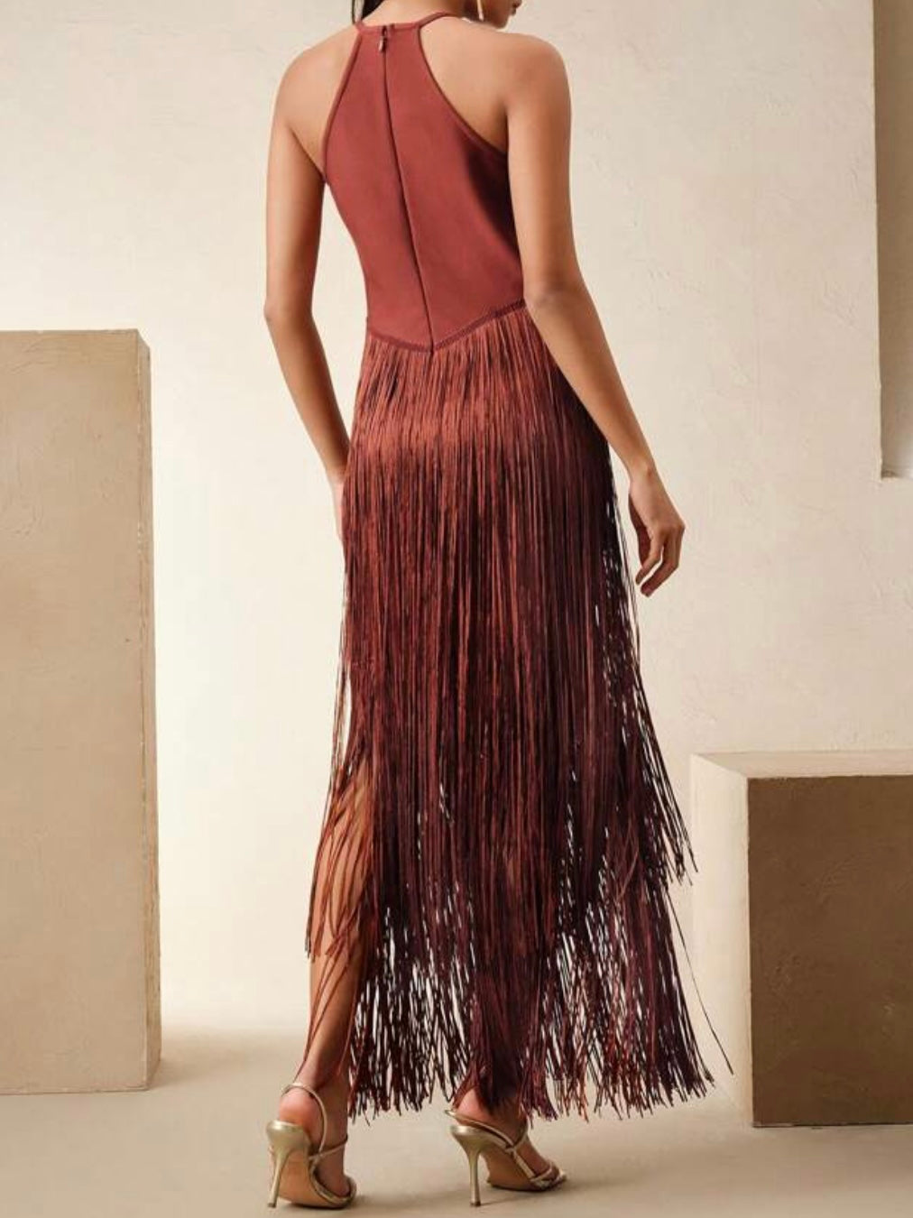 Spaghetti fringes tassels tube midi dress