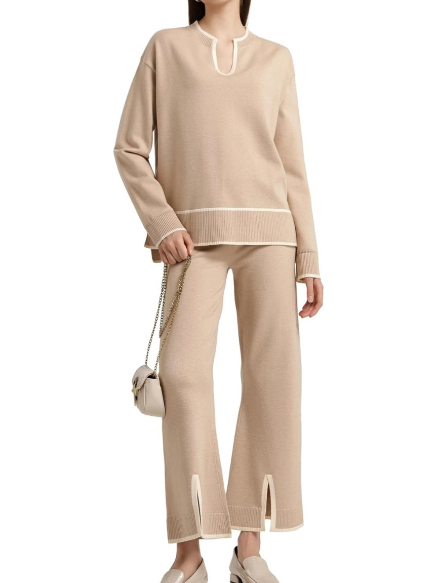 Beige and white stripe set of 2 top and pants