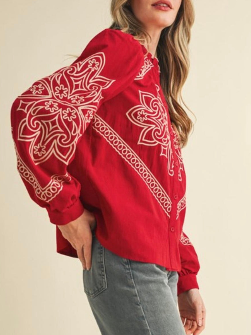 Red and white embroidered floral shirt