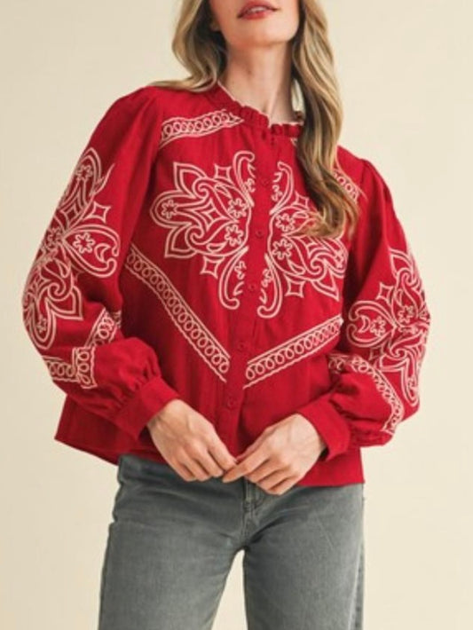 Red and white embroidered floral shirt